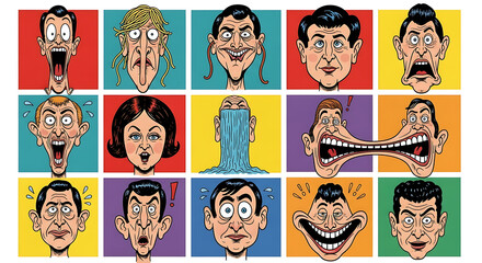 A grid of 15 cartoon faces with exaggerated and humorous expressions on colorful backgrounds.