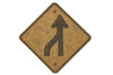 Weathered yellow merge sign showing traffic lanes converging, concept of coming together, combining, or joining