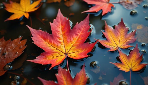 Bright red and yellow maple leaves float on dark water surface. Wet autumn foliage forms patterns on calm pond reflections. Fall season nature background.