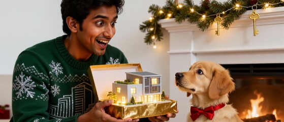 Surprised young man opening a Christmas gift with a model house inside. Happy homeowner with his golden retriever puppy by a festive fireplace. Real estate and new home concept for the holidays