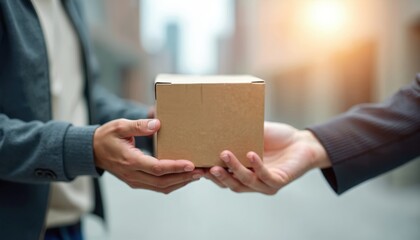 Man gives small cardboard box to another person. Package delivery, shipping service, business transaction online order fulfillment concept. Two people exchange parcel, illustrating modern commerce,