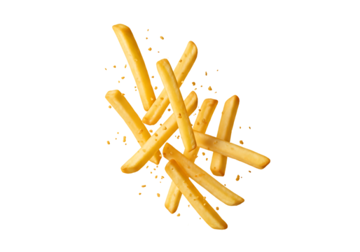 Golden french fries with salt sprinkled falling in mid air isolated on transparent background