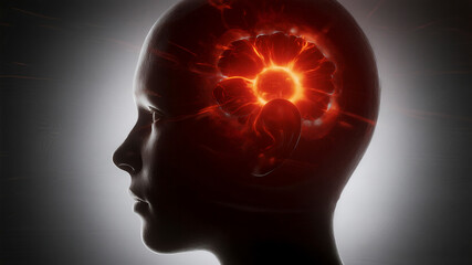 Obraz premium An abstract photograph visualizes intense throbbing pain and pressure as blurred red light waves inside a human head silhouette