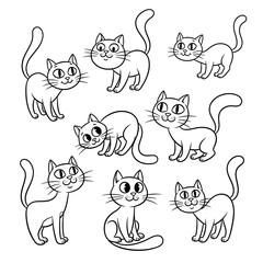 Collection of cute cartoon cats in various poses isolated on white background