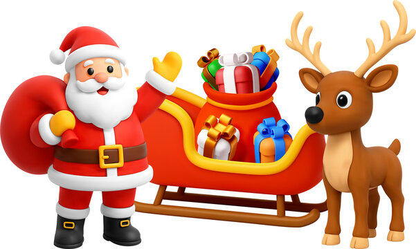 3d Santa Claus waving next to reindeer with sleigh