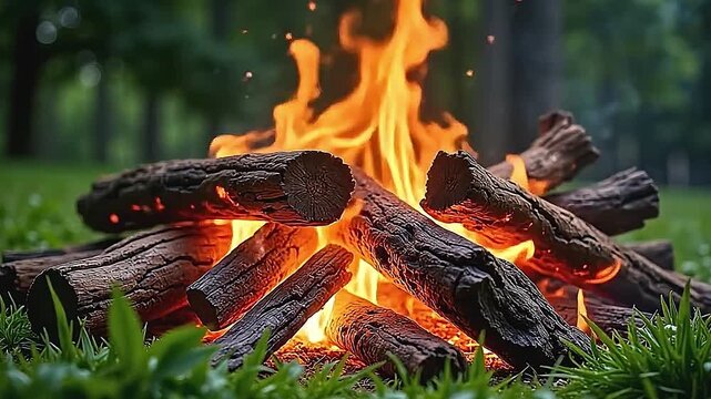 Explode burnt wood ember effects cascade beautifully, glowing warmly as they drift across a lush green background, producing a striking interplay of fiery and natural tones.