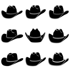 Collection of nine black cowboy hats isolated on white background