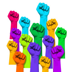 Vibrant raised fists symbolize unity diversity and powerful social justice movements against a stark black background