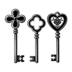 Three antique keys with decorative tops isolated on white background