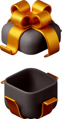 3D open gift box with ribbon. Gift box 3d black gold.