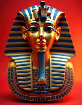 Golden burial mask of Tutankhamun, Egyptian pharaoh, against red background. Iconic artifact from ancient Egypt, symbol of royalty and funerary art.