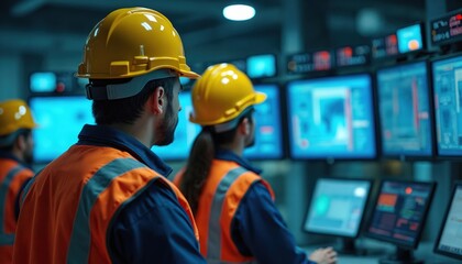 Workers monitor dashboards wearing safety gear. Team observes system performance in control room. Operators oversee industrial plant facility. Manpower in uniform analyzes data on displays ensuring