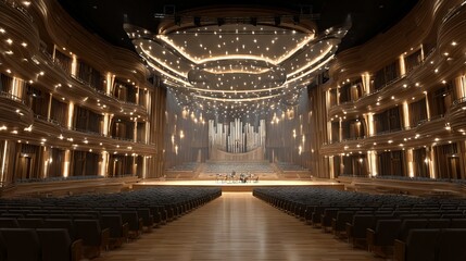 Obraz premium Grand concert hall interior with warm stage lighting, ornate balconies and wooden seating rows for classical music performances, orchestra events and elegant cultural architecture background