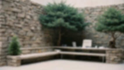 Fototapeta premium Blurred image of a modern office interior with a green nature theme, bright light during the day.