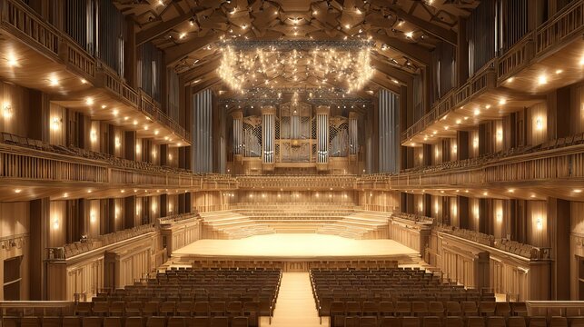 Grand concert hall interior with warm stage lighting, ornate balconies and wooden seating rows for classical music performances, orchestra events and elegant cultural architecture background