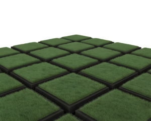 An abstract arrangement of square grass plots with dark borders