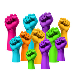 Vibrant raised fists in diverse neon colors powerfully symbolize unity, protest, and community solidarity against a dark backdrop