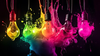 Colorful paint splash on hanging light bulbs with vibrant creative lighting

