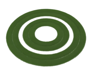 A striking green circular design with concentric black rings on black