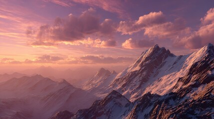 Colorful sunset over a majestic mountain range with snow-capped peaks reflecting soft light at twilight