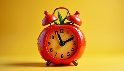 Alarm clock shaped like tomato with water droplets rests on vibrant yellow background. Playful design productivity, time management, Pomodoro technique, ideal for study work planning.