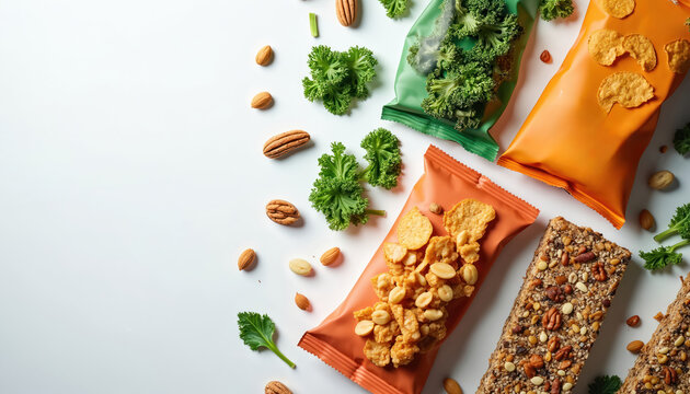 Collection of plant based snacks like kale chips protein bars and nut mixes are arranged on a white surface with ample copy space. Healthy vegan food options for mindful eating and active lifestyles.