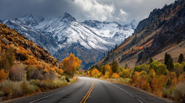 Mountain road winding through autumn foliage under a dramatic cloudy sky with snow-capped peaks in the background