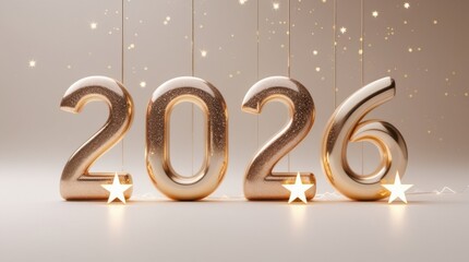 Anticipation of New Year 2026: The year 2026 takes center stage, gleaming in golden numerals, under a canopy of twinkling stars, symbolizing fresh beginnings and the promise of new experiences.