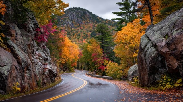 Scenic autumn road winding through vibrant forest landscape with colorful foliage and rocky formations