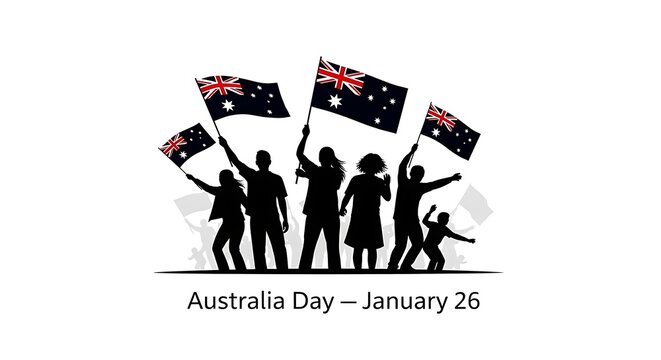 Australia day silhouette of people with flags isolated on white background