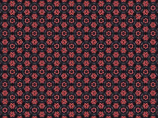 Floral pattern with coral flowers on dark background creates texture.