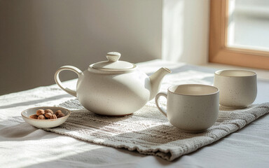 Ceramic tea set under morning sunlight by window