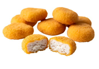 A pile of golden brown crispy chicken nuggets with two cut in half revealing the white meat inside isolated on transparent background