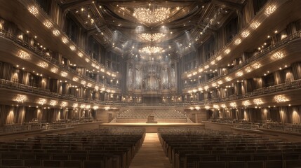 Grand concert hall interior with warm stage lighting, ornate balconies and wooden seating rows for classical music performances, orchestra events and elegant cultural architecture background