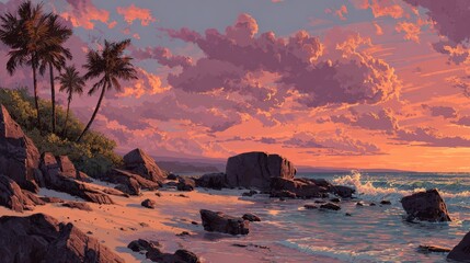 Colorful sunset over a serene beach with palm trees and rocky shoreline near the ocean