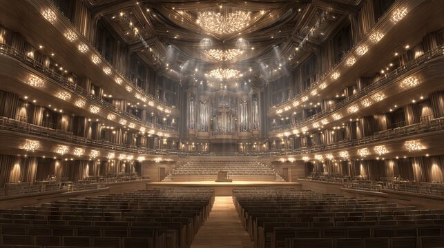 Grand concert hall interior with warm stage lighting, ornate balconies and wooden seating rows for classical music performances, orchestra events and elegant cultural architecture background