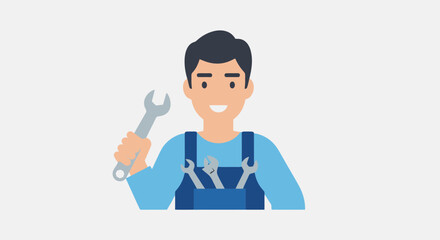 Happy Male Mechanic Holding Wrench Ready for Repair Work Vector Illustration symbolizing Skilled Labor and Maintenance Services