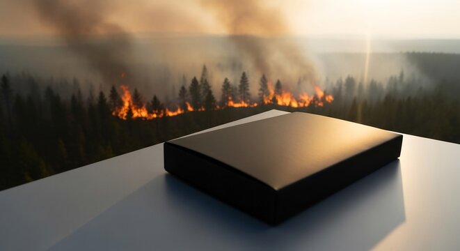 森林火災が猛威を振るい、背景で木々が激しく燃え盛り、前景に箱が静かに置かれる