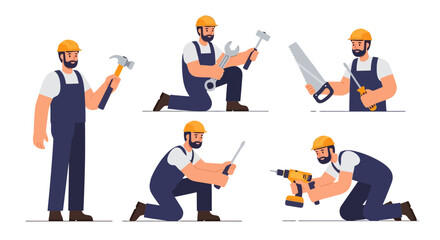 Construction Worker Set Craftsman Holding Tools for Repair and Building Tasks