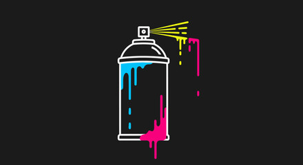 Illustration of a spray paint can with colorful paint dripping down, isolated on a dark background.
