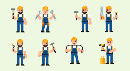 Construction Workers with Tools Set Diverse Handymen Poses for Building and Renovation Projects
