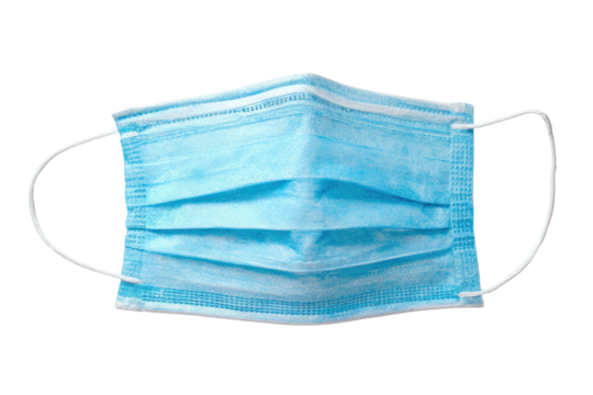 Blue pleated surgical mask with ear loops on dark background
