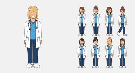 Diverse Cartoon Female Doctors Collection Smiling Physician Variety of Medical Professionals Posing Ideal for Healthcare Graphics