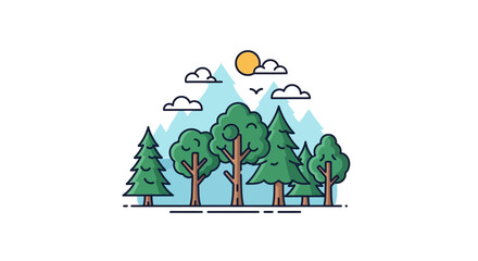 A minimalist illustration of a forest with trees, mountains, clouds, and a sun against a white background.