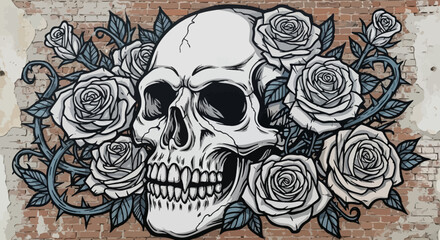 A detailed illustration of a human skull encircled by elegant roses.