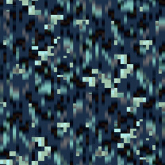 Blurred vision bokeh glow effect abstract pixels seamless texture in deep blue green halftones. Modern pattern for cover, mobil apps, web banner,textile, home decor, bedding, fabric, package.