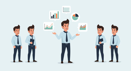 Fototapeta premium Business Leader Manages Data Analytics and Market Trends with Team Collaboration Growth Strategy Vector Illustration