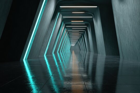 Gleaming Sci-Fi Corridor with Symmetrical Cyan Neon Lights and a Reflective Path. - Powered by Adobe