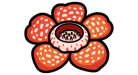 A vibrant cartoon illustration of a large, red and white Rafflesia flower with detailed petals.