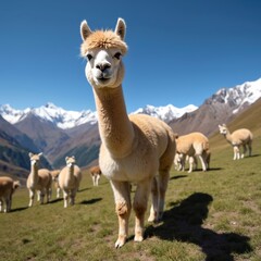 Naklejka premium Herd of alpacas grazes on grassy mountain slope under clear blue sky. Snow capped peaks rise in background. Domesticated animals with fluffy wool stand on pasture. Look calm, peaceful. Many animals